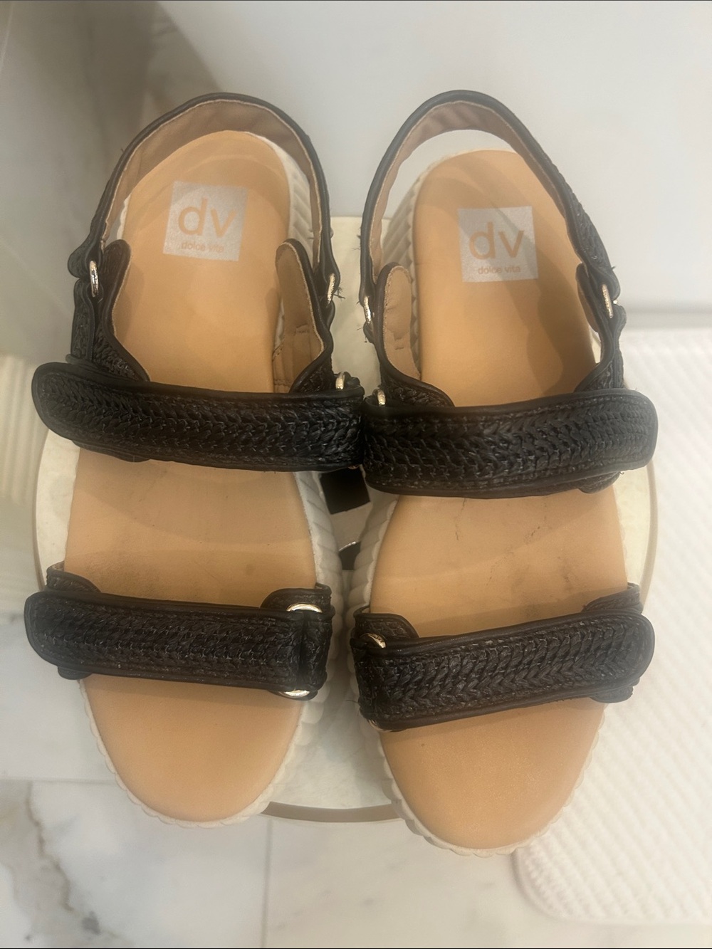 DV by Dolce Vita Black Braided-Strap Platform Sandals with Tan Footbed